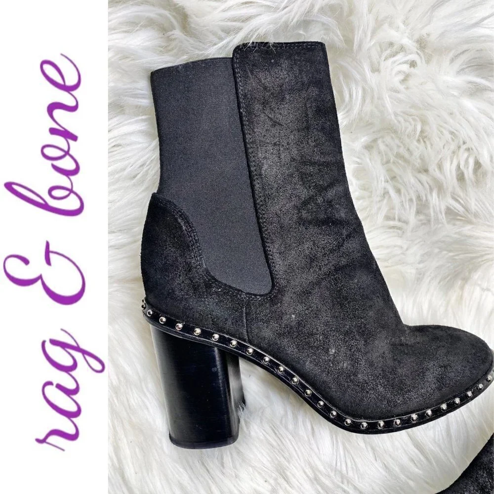 RAG & BONE‎ Romi Black Suede Chelsea Silver Stud Block Heel Bootie, Size 36